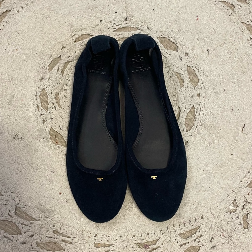 Black suede Tory Burch ballet flats.